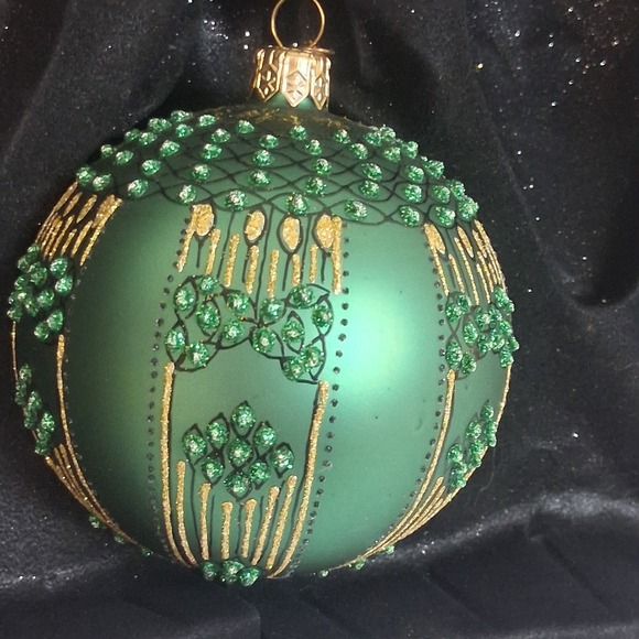 2 Vintage Dept 56 Poland Glass Ornaments Green Gold Glitter Embellished Elegant - Picture 3 of 16